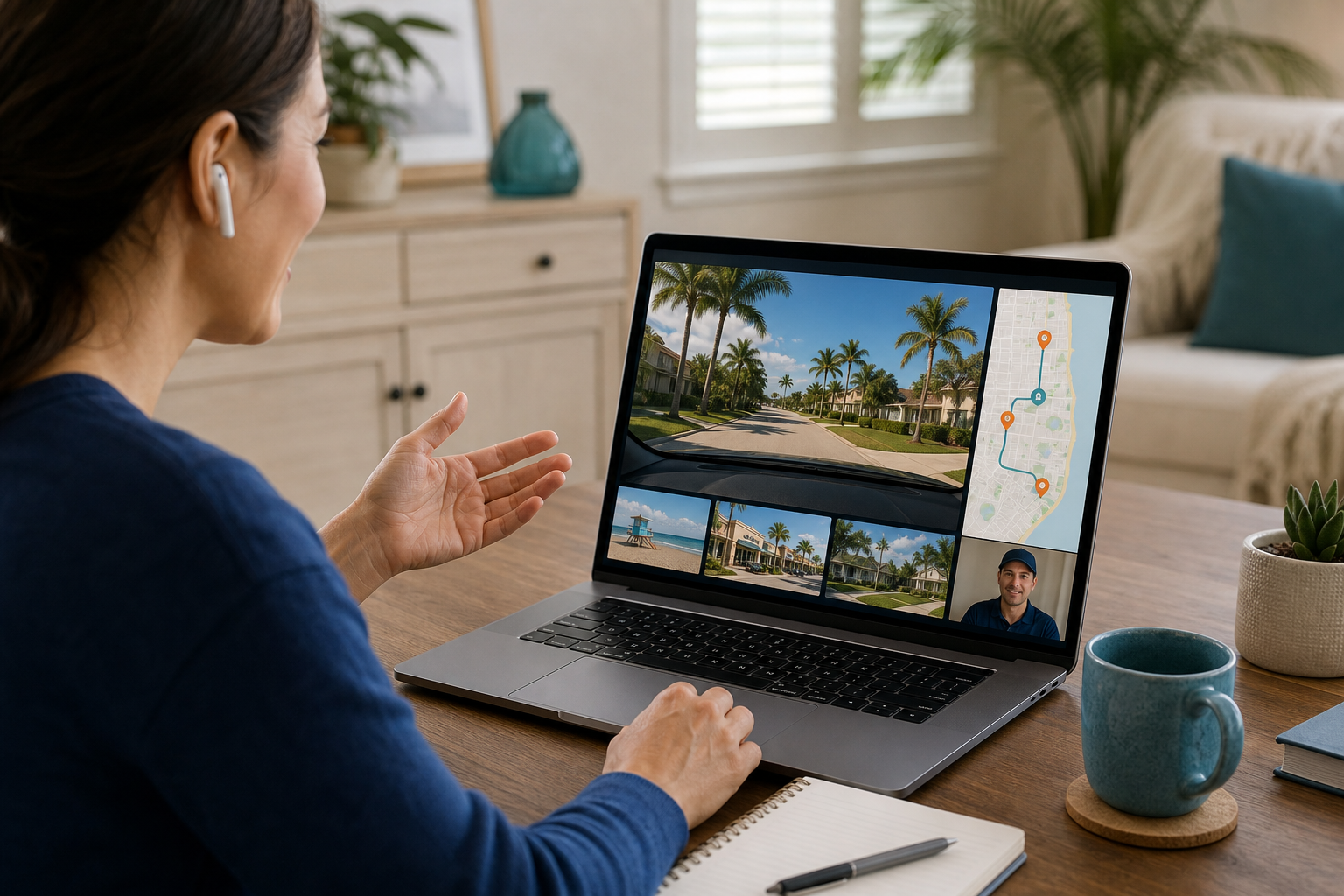 Remote customer watching a live Florida neighborhood tour and route map on a laptop